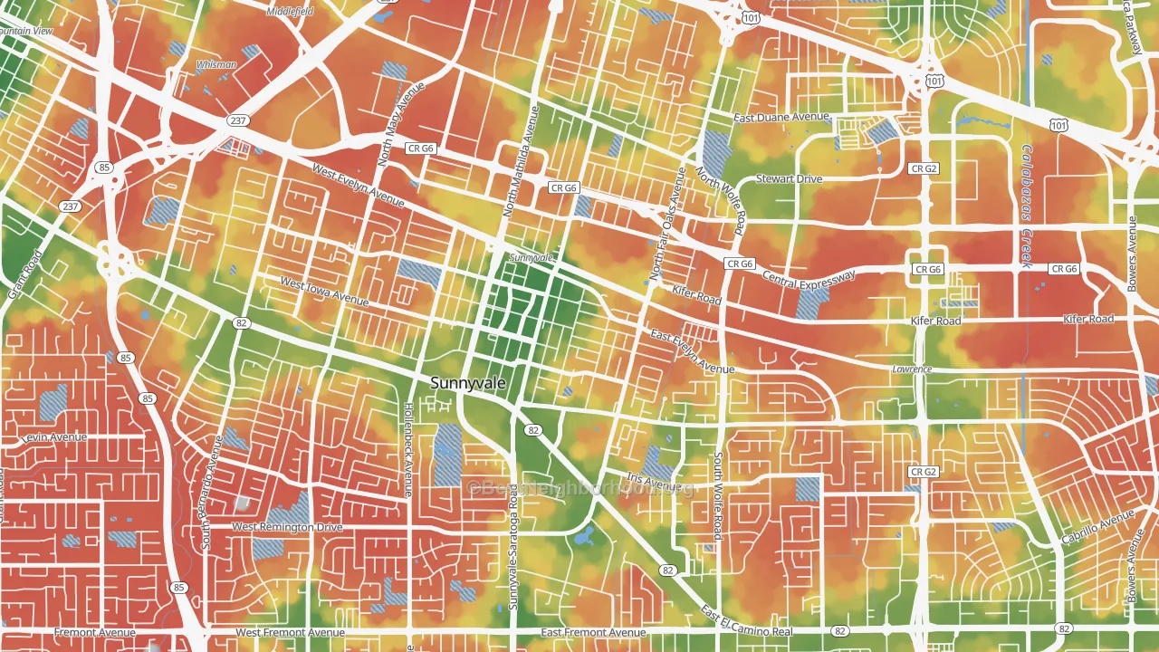 Walk Grade map of Heritage District, Sunnyvale, CA, walkable areas in green and car-dependent areas in red