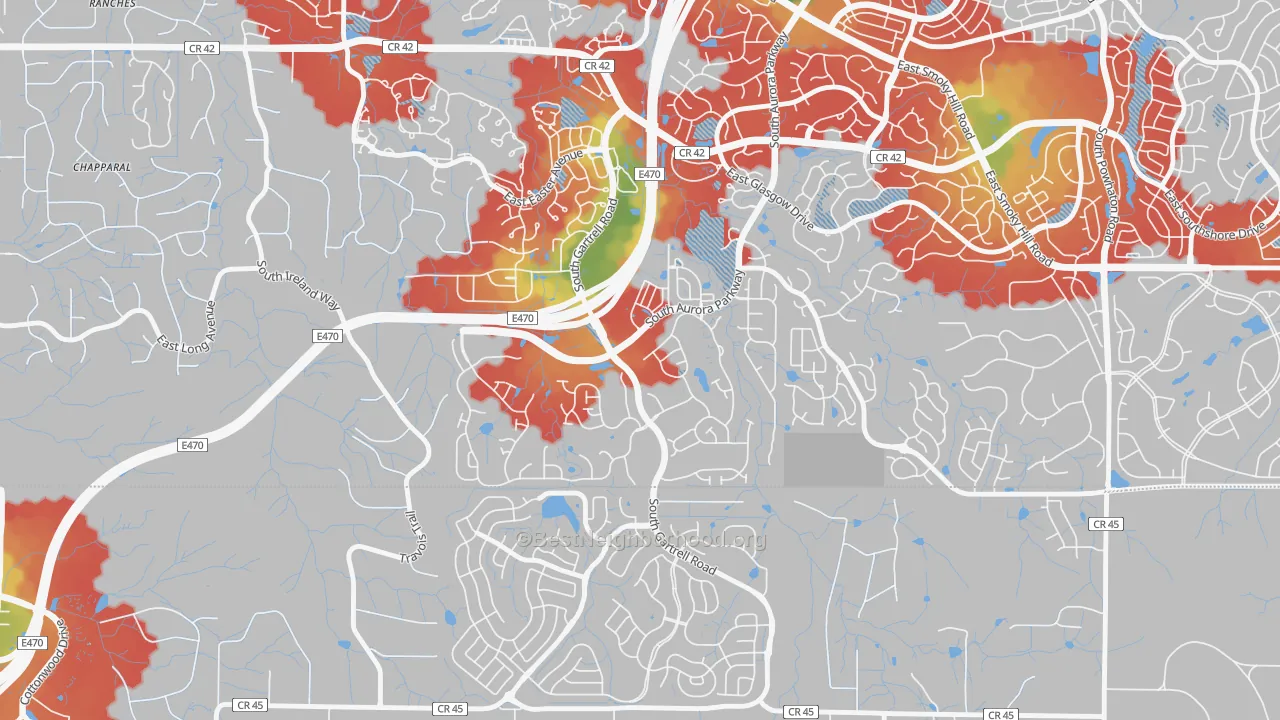 Walk Grade map of Heritage Eagle Bend, Aurora, CO, walkable areas in green and car-dependent areas in red