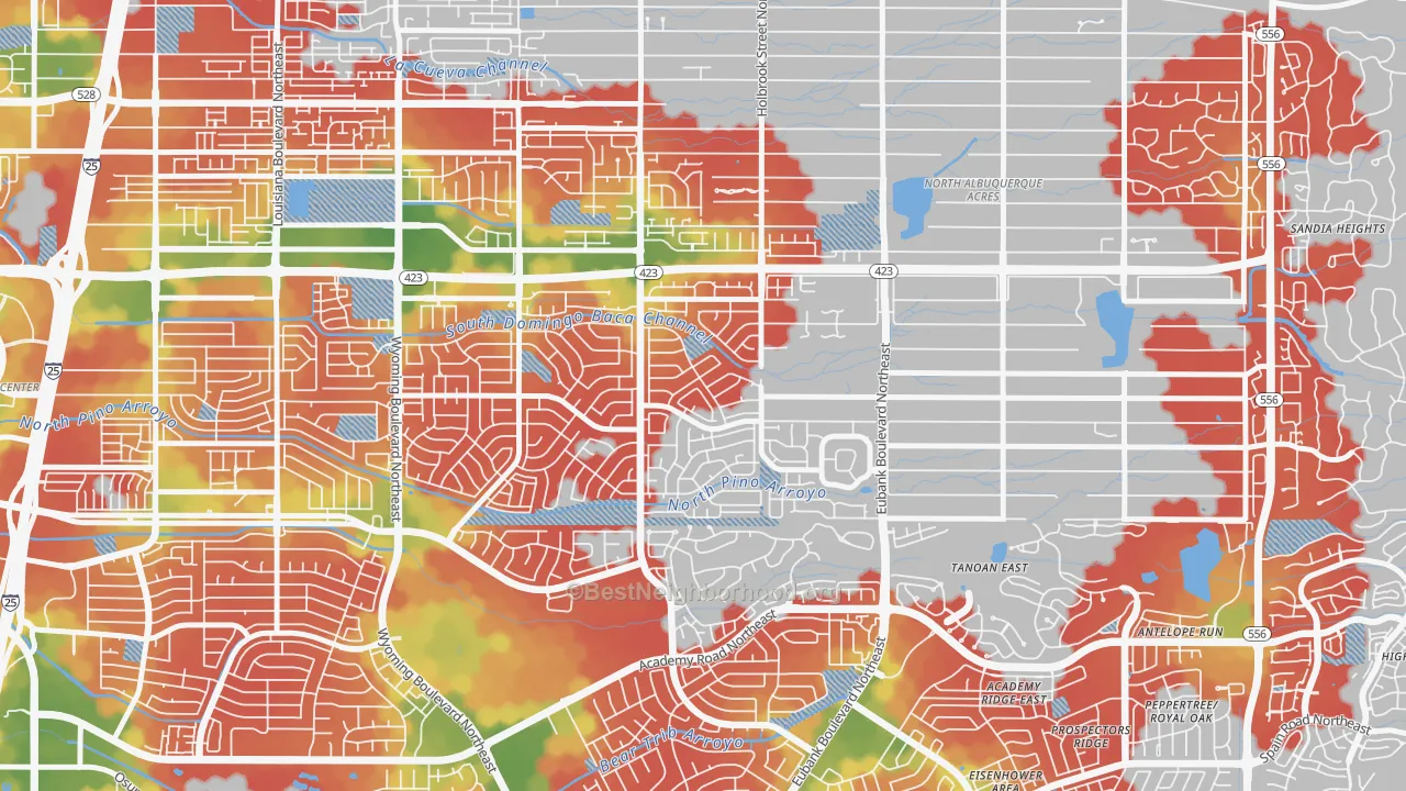 Walk Grade map of Heritage East, Albuquerque, NM, walkable areas in green and car-dependent areas in red