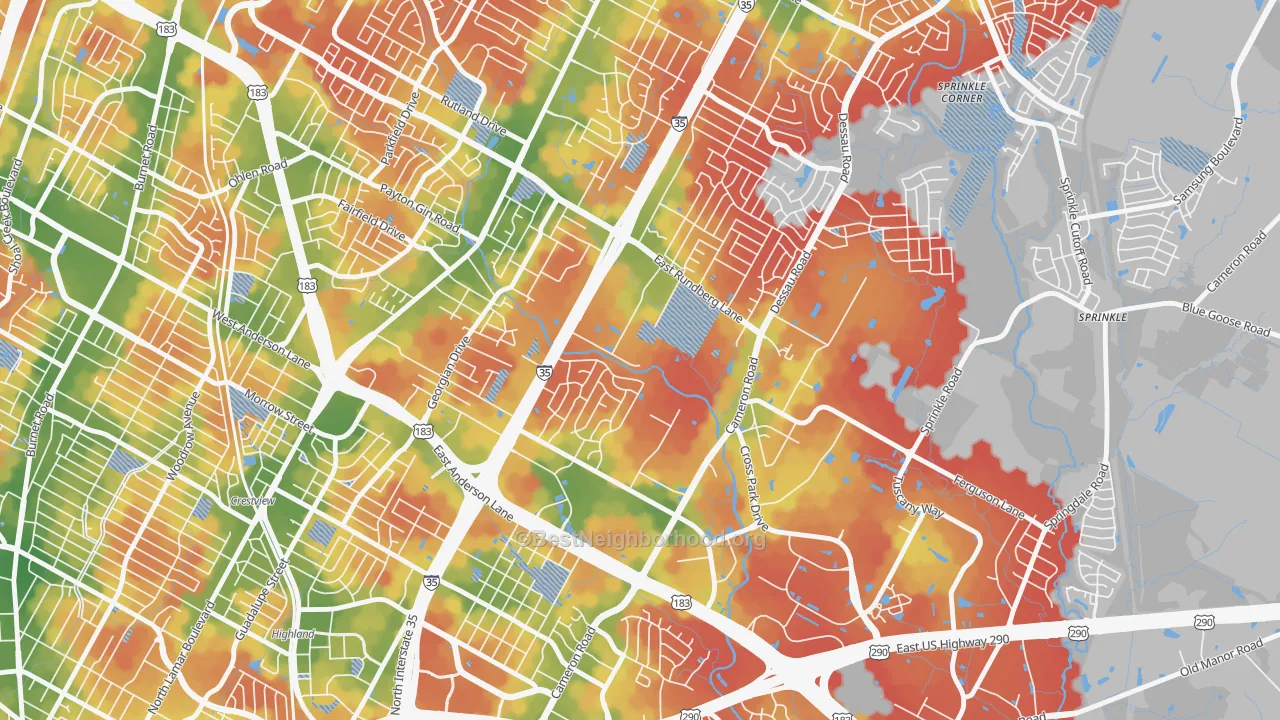 Walk Grade map of Heritage Hills, Austin, TX, walkable areas in green and car-dependent areas in red