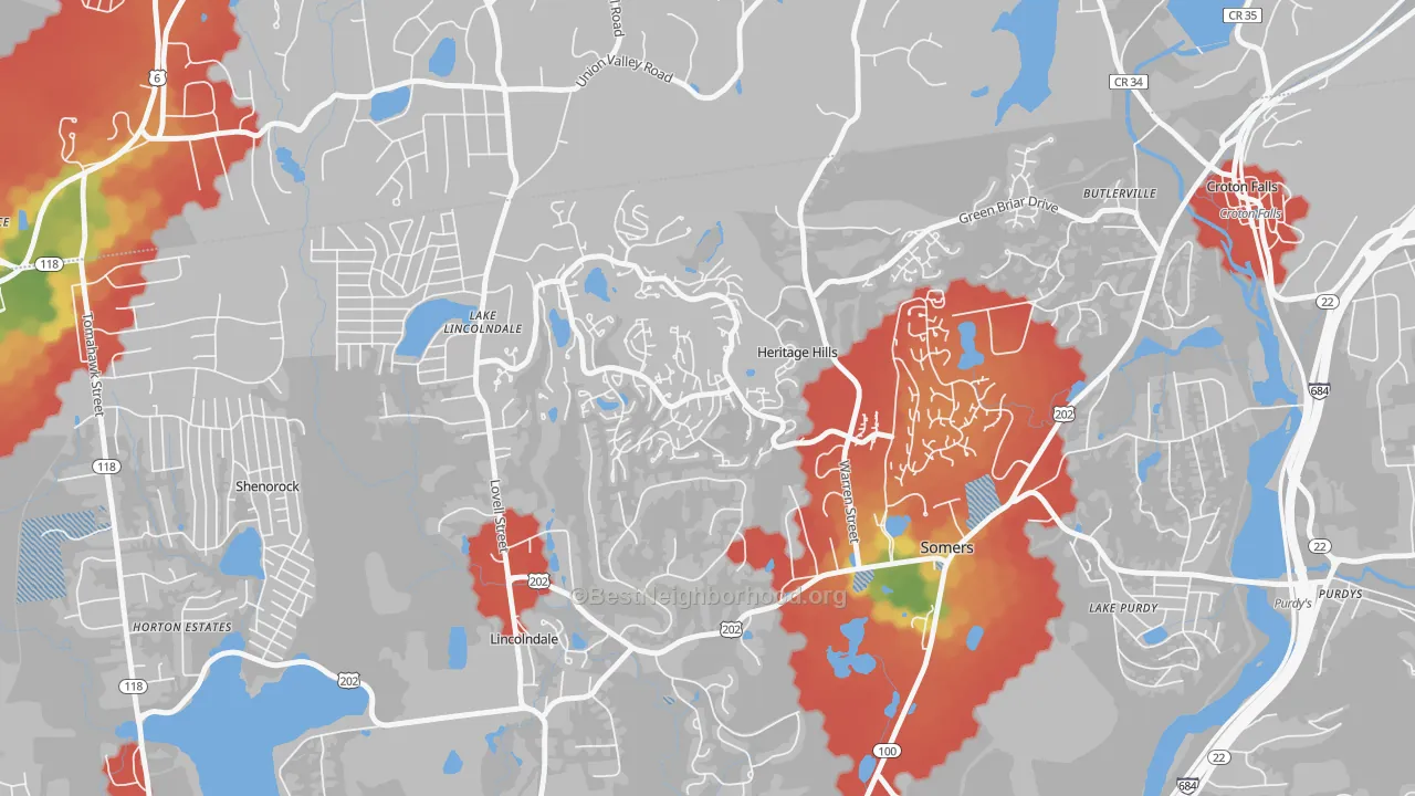 Walk Grade map of Heritage Hills, NY, walkable areas in green and car-dependent areas in red