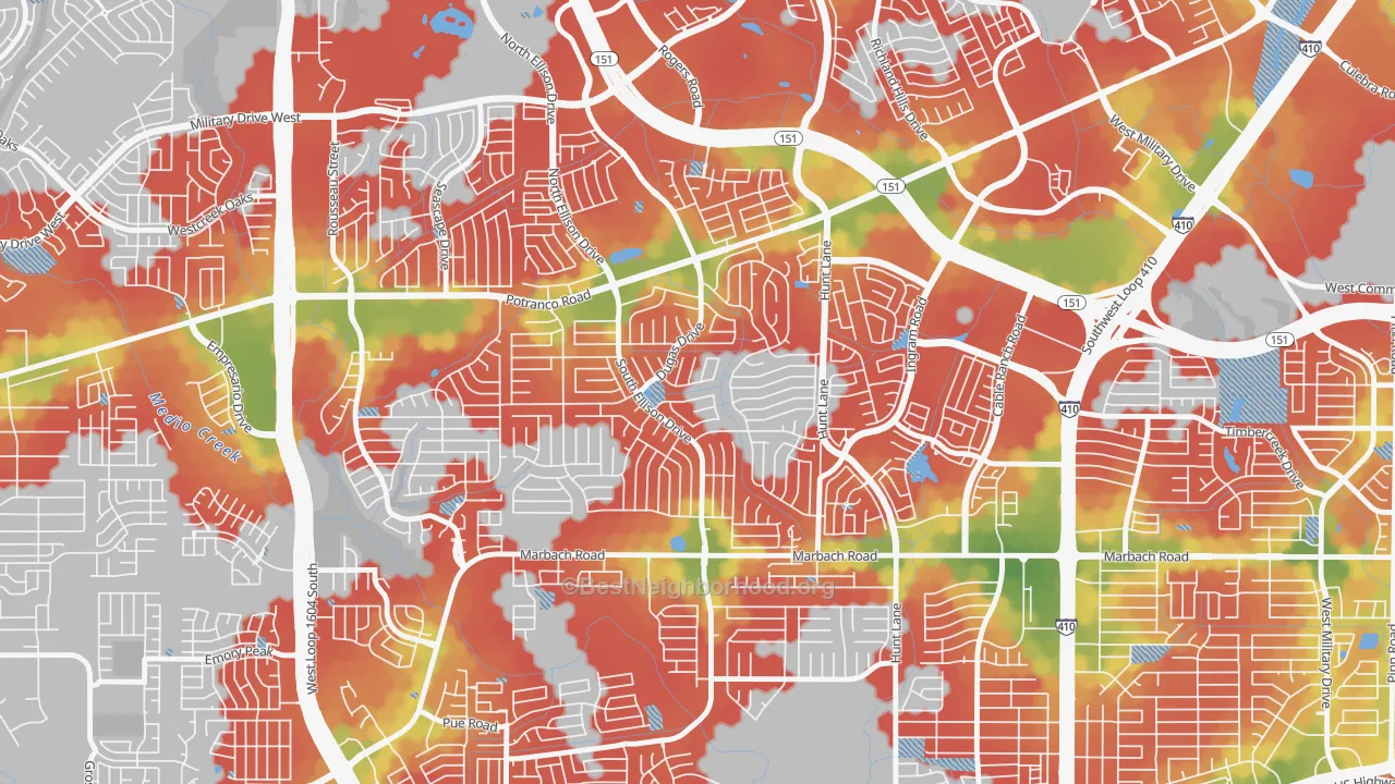 Walk Grade map of Heritage, San Antonio, TX, walkable areas in green and car-dependent areas in red