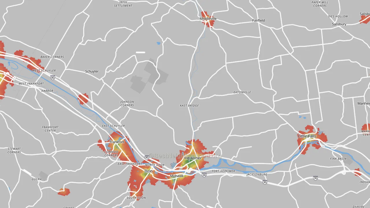 Walk Grade map of Herkimer County, NY, walkable areas in green and car-dependent areas in red