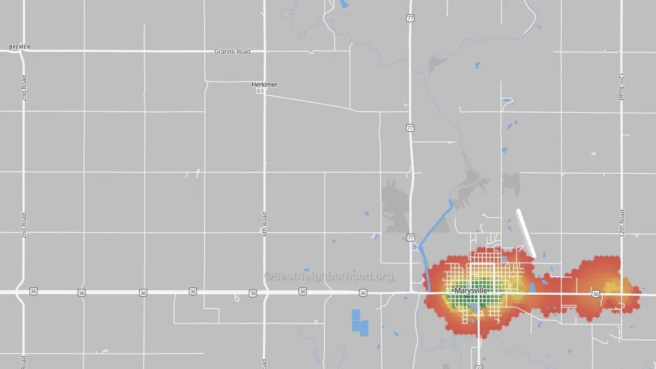 Walk Grade map of Herkimer, KS, walkable areas in green and car-dependent areas in red