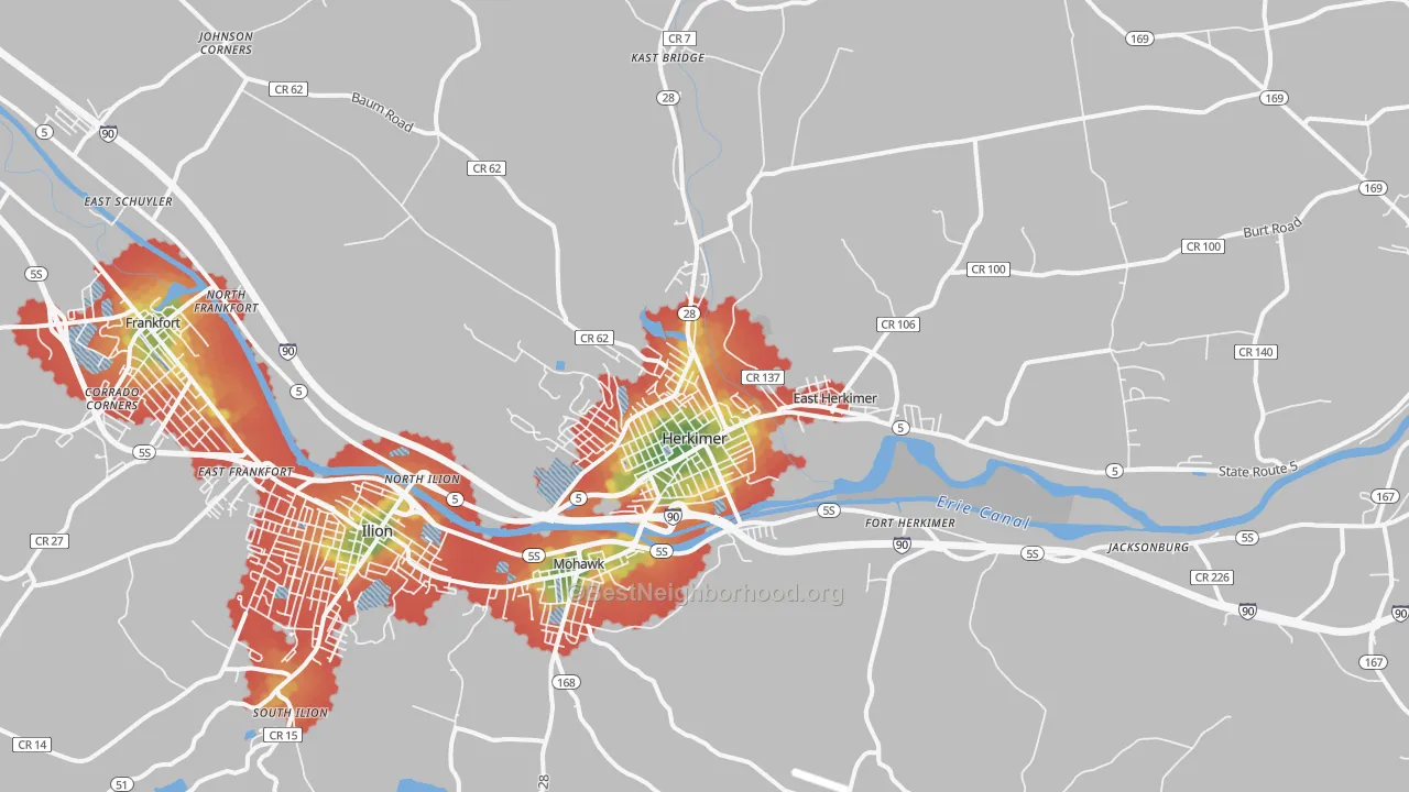 Walk Grade map of Herkimer, NY, walkable areas in green and car-dependent areas in red