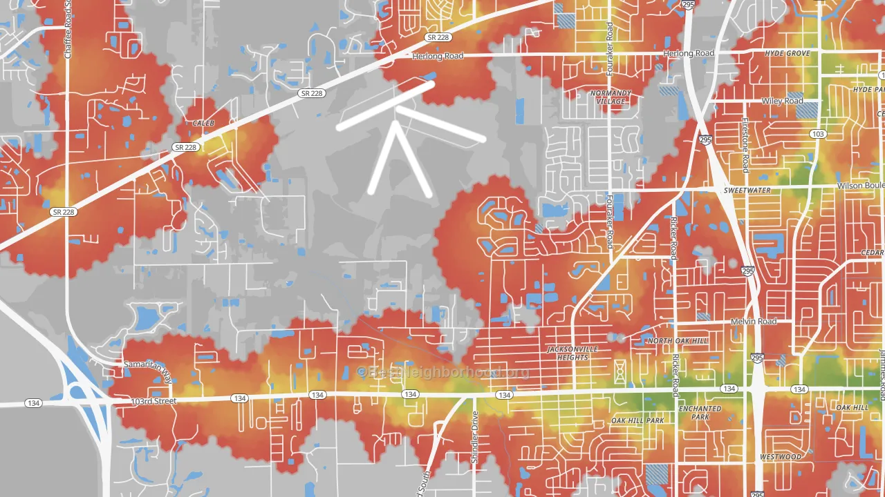 Walk Grade map of Herlong, Jacksonville, FL, walkable areas in green and car-dependent areas in red