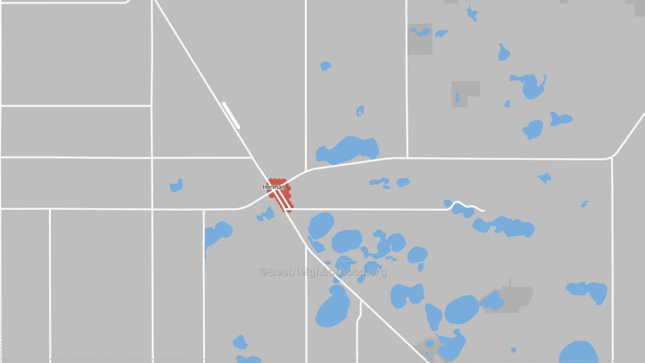 Walk Grade map of Herman, MN, walkable areas in green and car-dependent areas in red