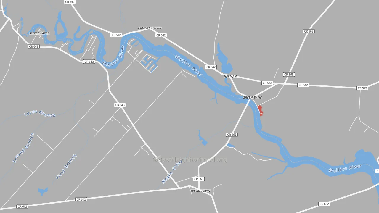 Walk Grade map of Herman, NJ, walkable areas in green and car-dependent areas in red