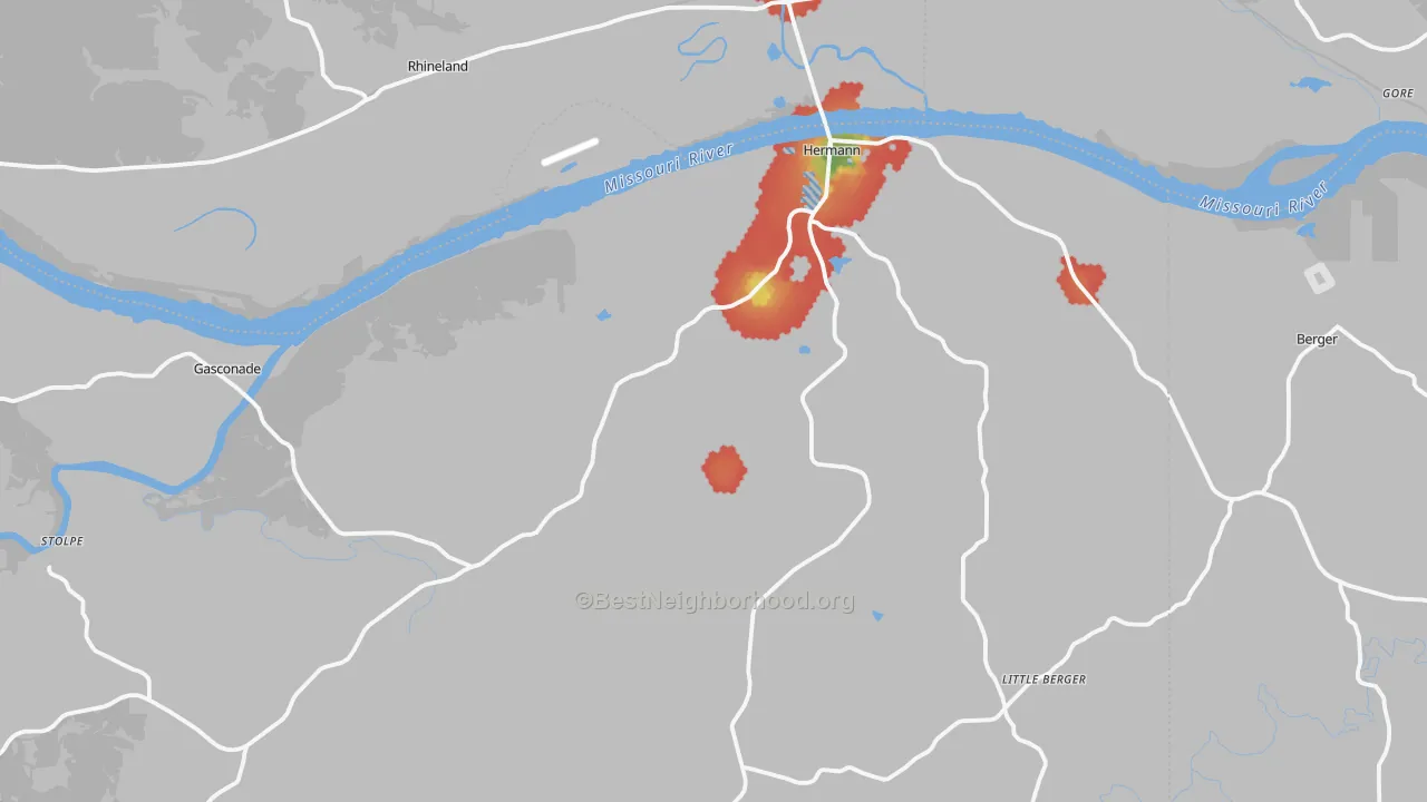 Walk Grade map of Hermann, MO, walkable areas in green and car-dependent areas in red