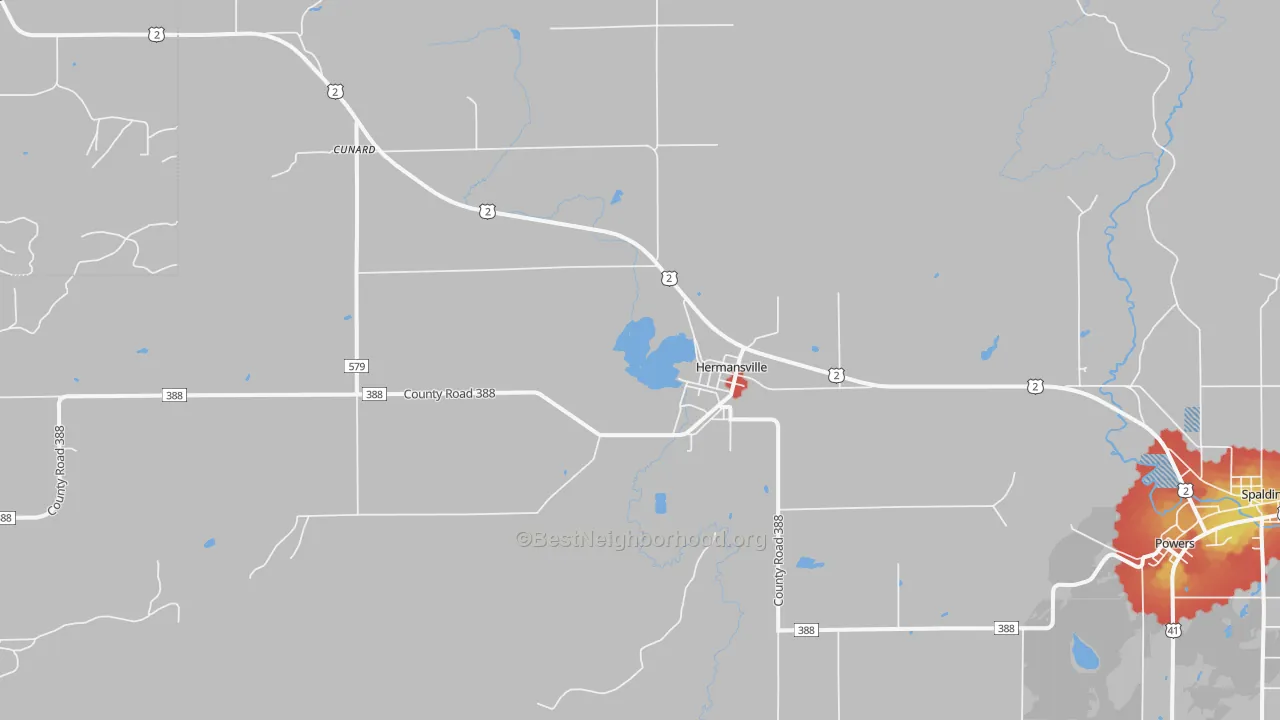 Walk Grade map of Hermansville, MI, walkable areas in green and car-dependent areas in red