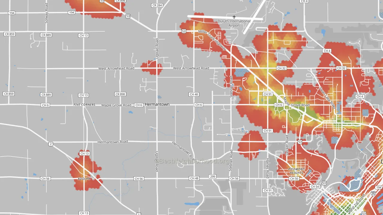 Walk Grade map of Hermantown, MN, walkable areas in green and car-dependent areas in red