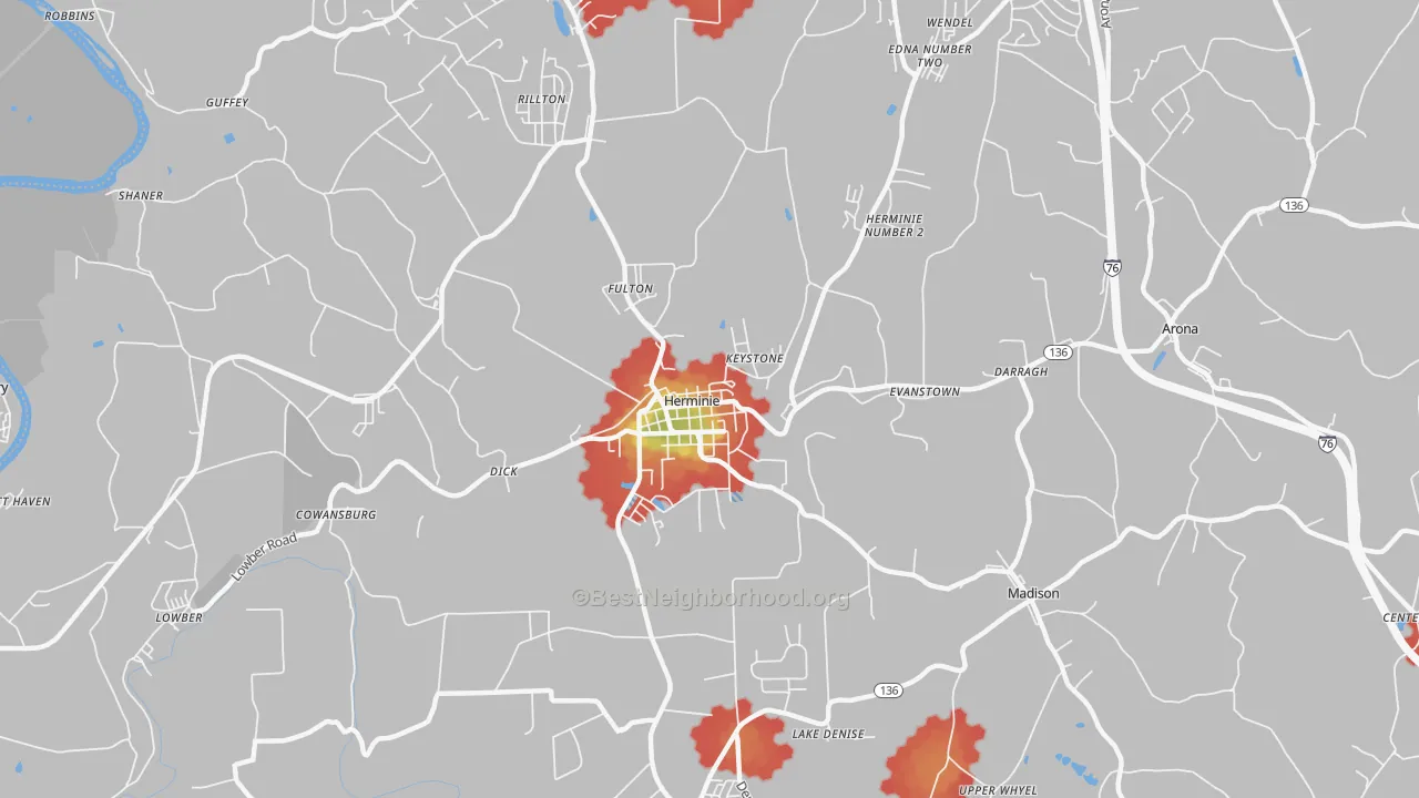 Walk Grade map of Herminie, PA, walkable areas in green and car-dependent areas in red