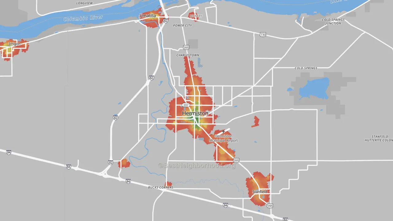 Walk Grade map of Hermiston, OR, walkable areas in green and car-dependent areas in red