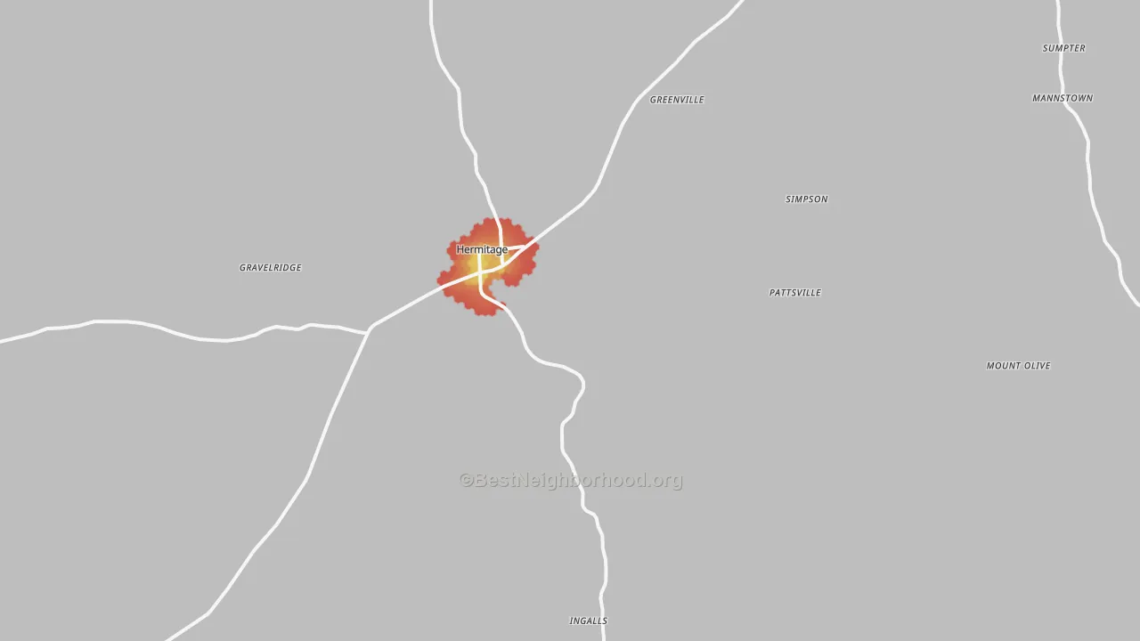 Walk Grade map of Hermitage, AR, walkable areas in green and car-dependent areas in red