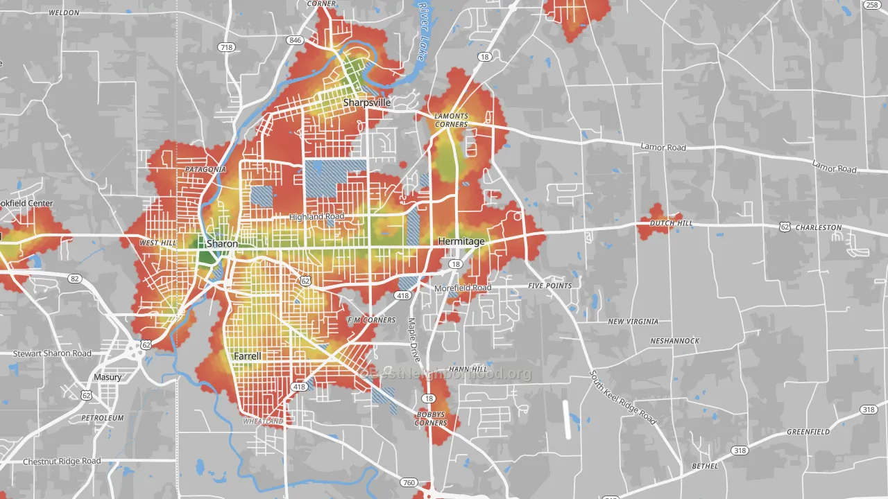 Walk Grade map of Hermitage, PA, walkable areas in green and car-dependent areas in red