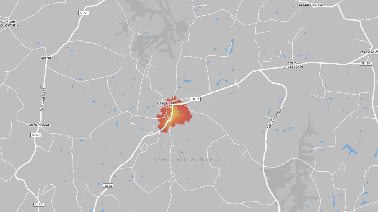 Walk Grade map of Hermitage Springs, TN, walkable areas in green and car-dependent areas in red