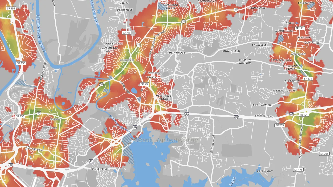 Walk Grade map of Hermitage, TN, walkable areas in green and car-dependent areas in red