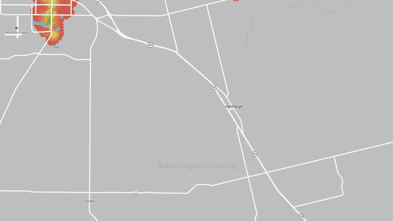Walk Grade map of Hermleigh, TX, walkable areas in green and car-dependent areas in red
