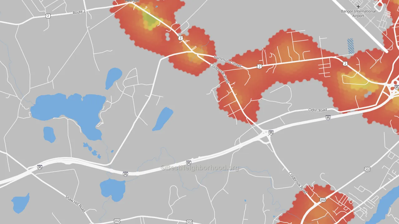 Walk Grade map of Hermon Center, ME, walkable areas in green and car-dependent areas in red