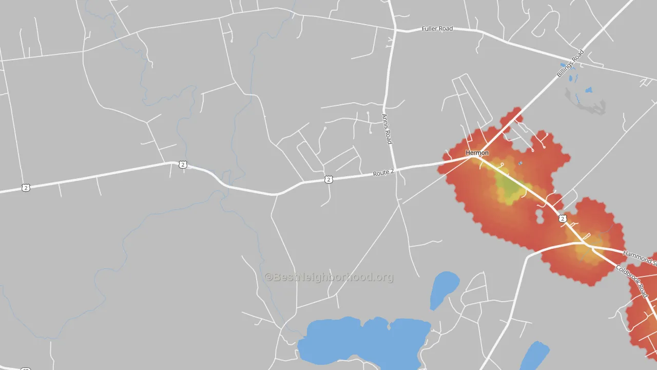Walk Grade map of Hermon, ME, walkable areas in green and car-dependent areas in red