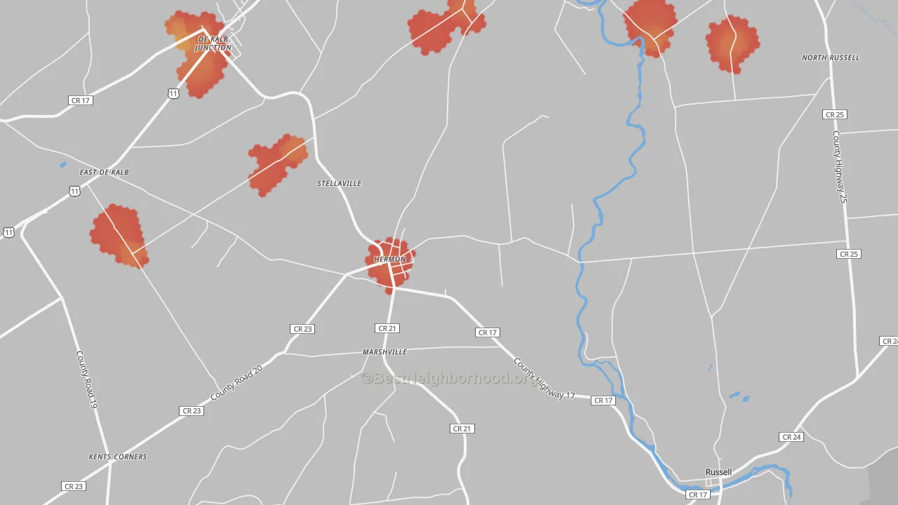 Walk Grade map of Hermon, NY, walkable areas in green and car-dependent areas in red