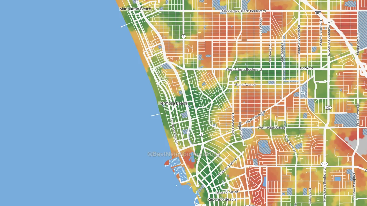 Walk Grade map of Hermosa Beach, CA, walkable areas in green and car-dependent areas in red