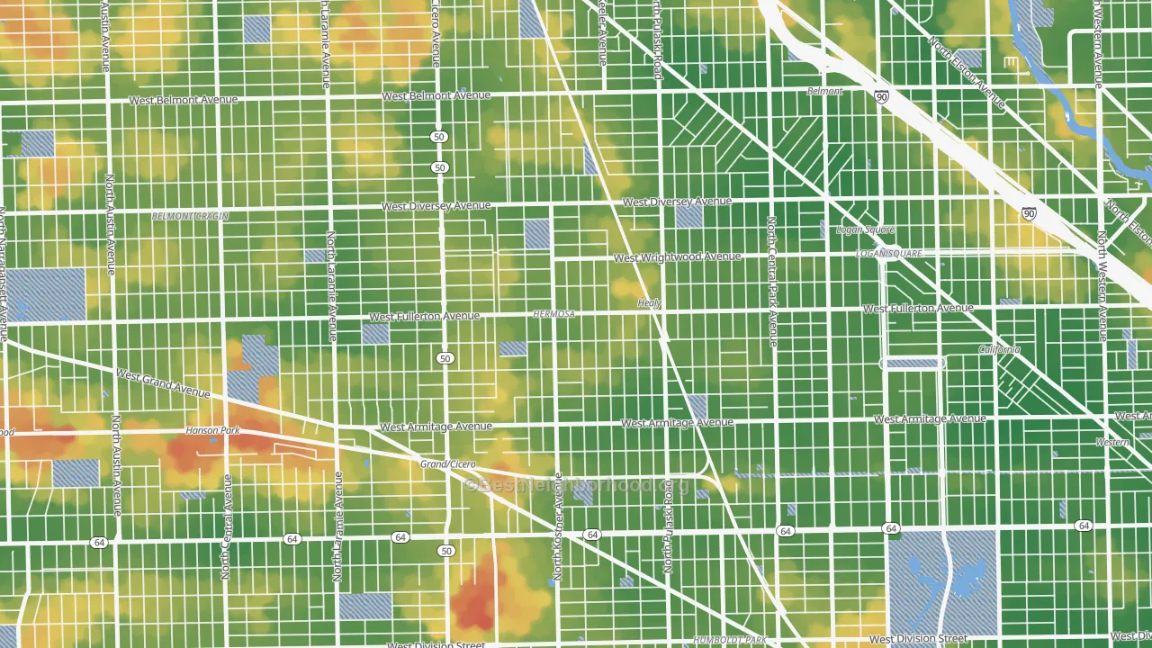 Walk Grade map of Hermosa, Chicago, IL, walkable areas in green and car-dependent areas in red