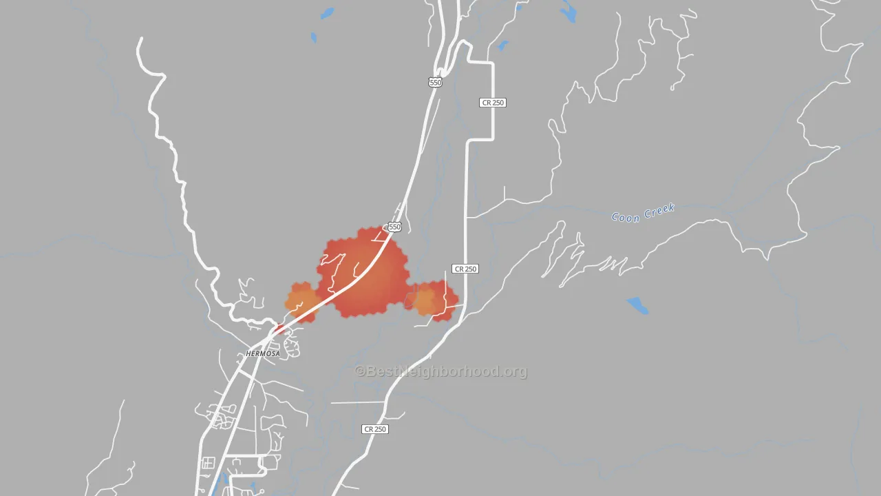 Walk Grade map of Hermosa, CO, walkable areas in green and car-dependent areas in red