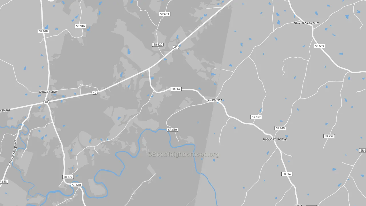 Walk Grade map of Hermosa, VA, walkable areas in green and car-dependent areas in red