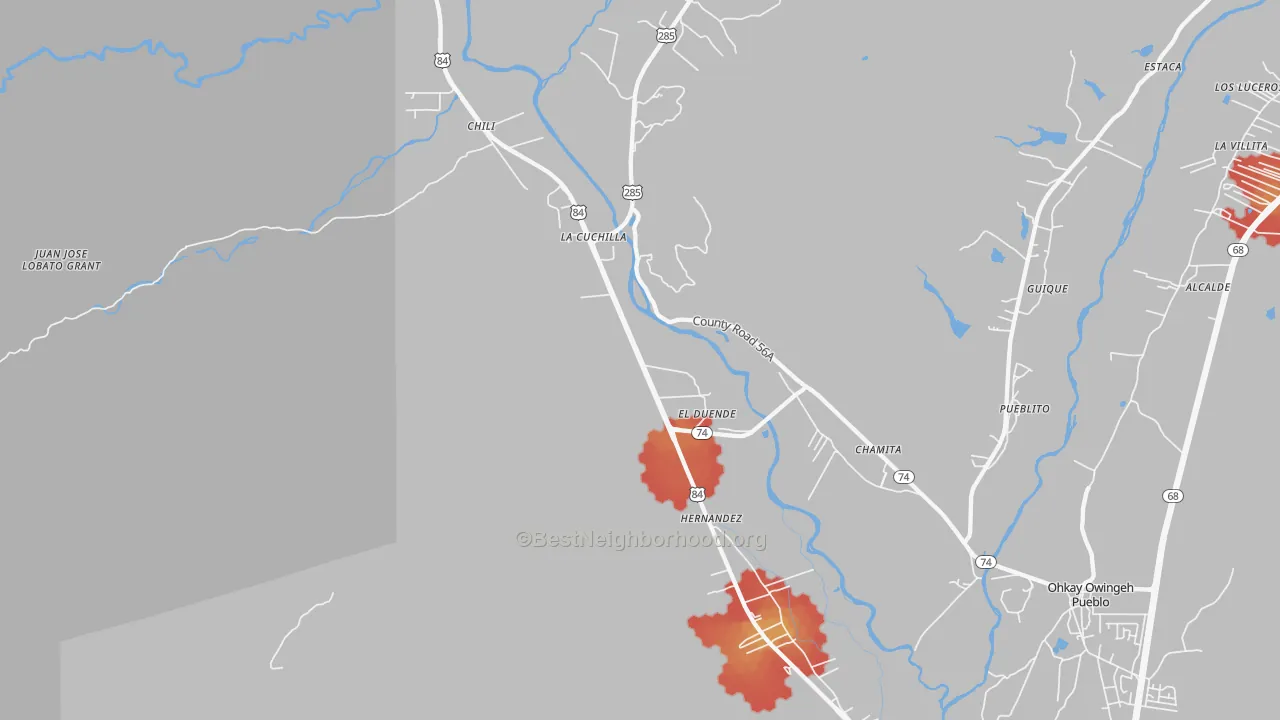 Walk Grade map of Hernandez, NM, walkable areas in green and car-dependent areas in red