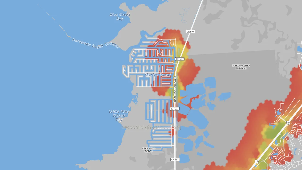 Walk Grade map of Hernando Beach, FL, walkable areas in green and car-dependent areas in red