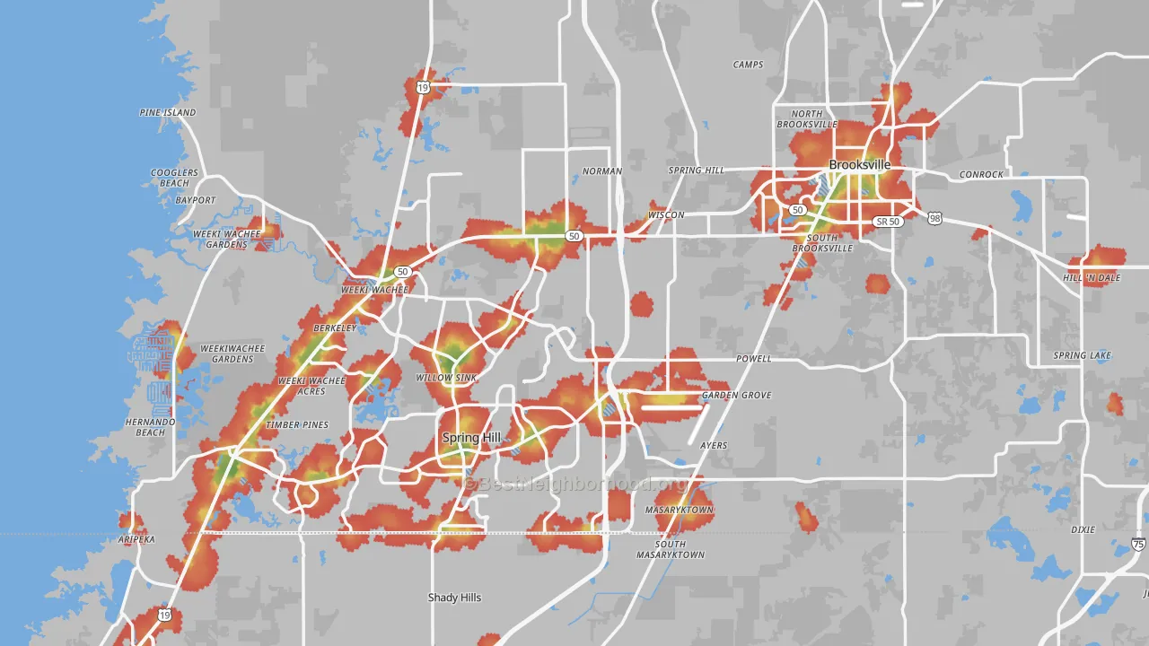 Walk Grade map of Hernando County, FL, walkable areas in green and car-dependent areas in red