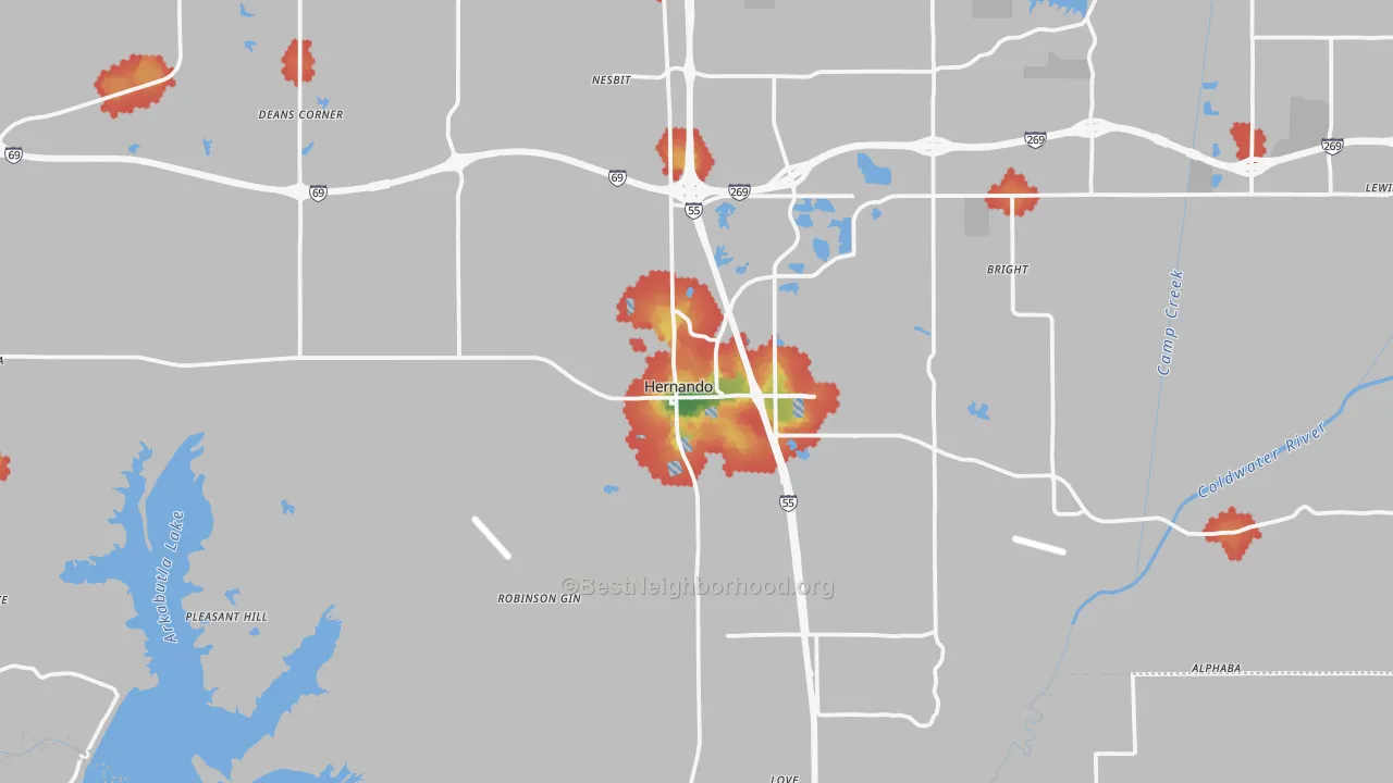 Walk Grade map of Hernando, MS, walkable areas in green and car-dependent areas in red