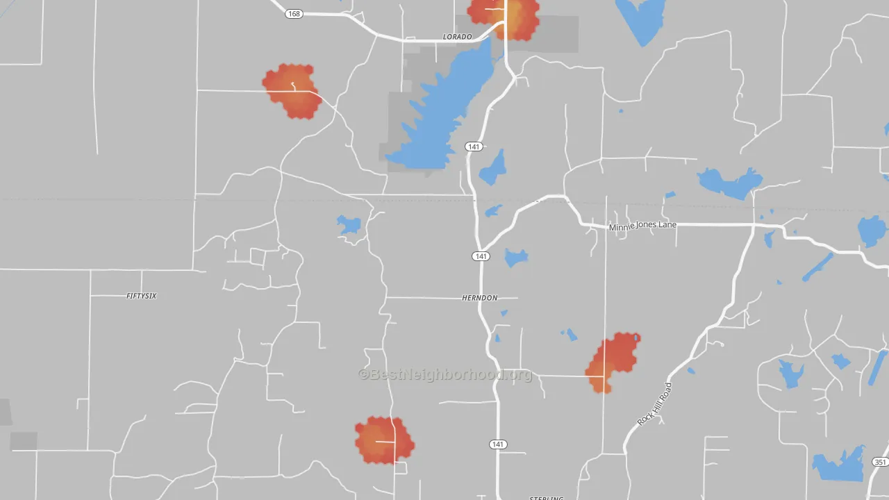 Walk Grade map of Herndon, AR, walkable areas in green and car-dependent areas in red