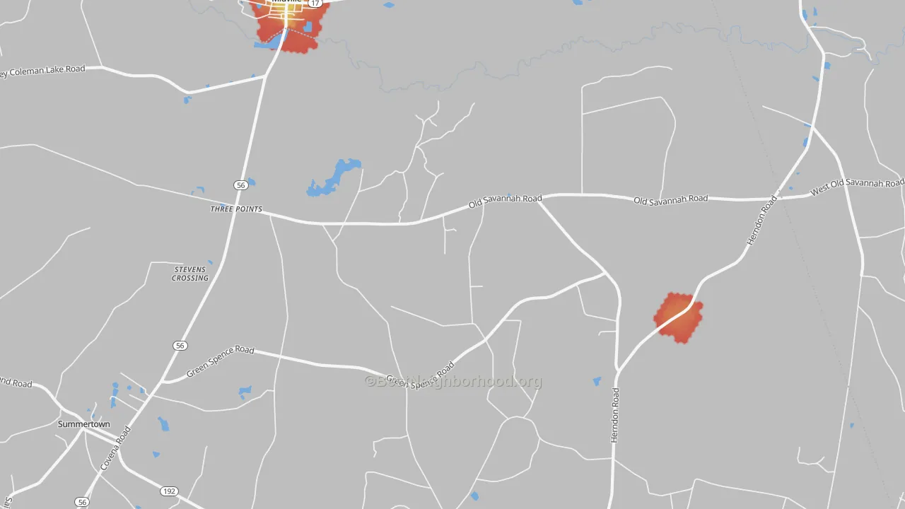 Walk Grade map of Herndon, GA, walkable areas in green and car-dependent areas in red