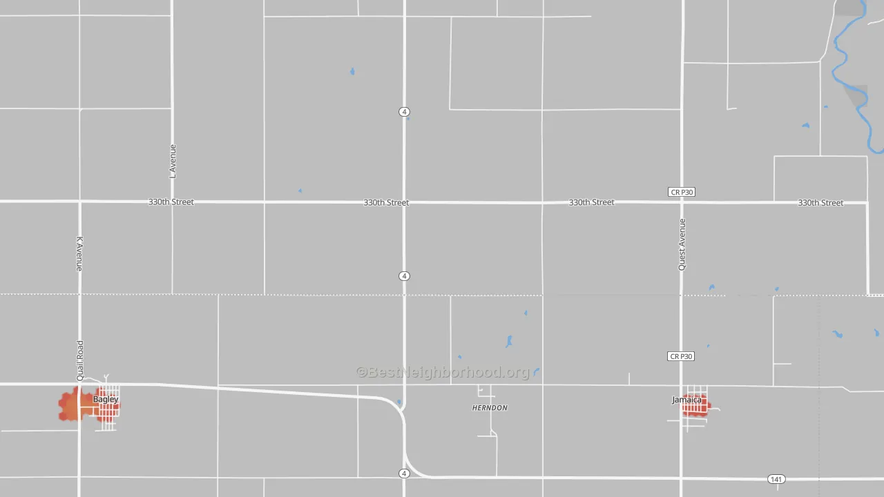 Walk Grade map of Herndon, IA, walkable areas in green and car-dependent areas in red