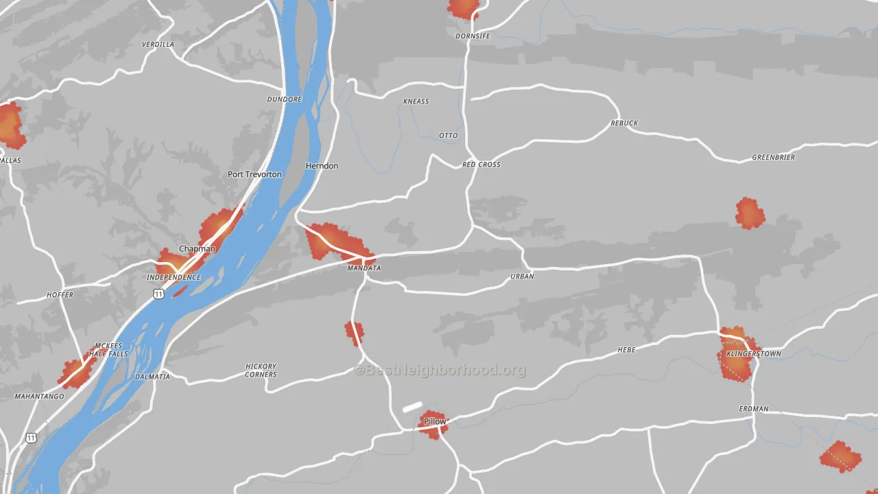 Walk Grade map of Herndon, PA, walkable areas in green and car-dependent areas in red