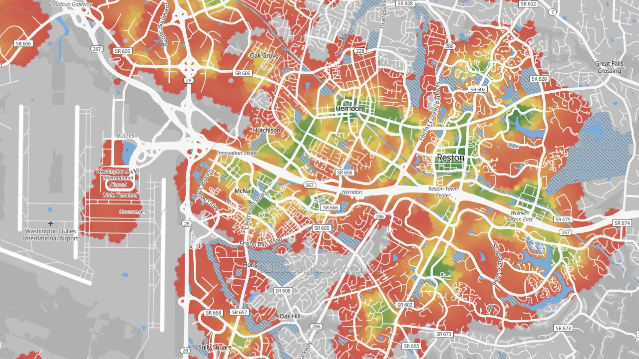 Walk Grade map of Herndon, VA, walkable areas in green and car-dependent areas in red
