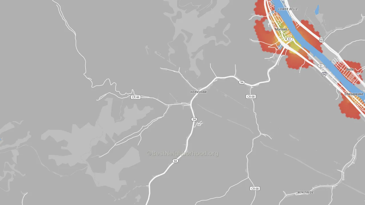 Walk Grade map of Hernshaw, WV, walkable areas in green and car-dependent areas in red