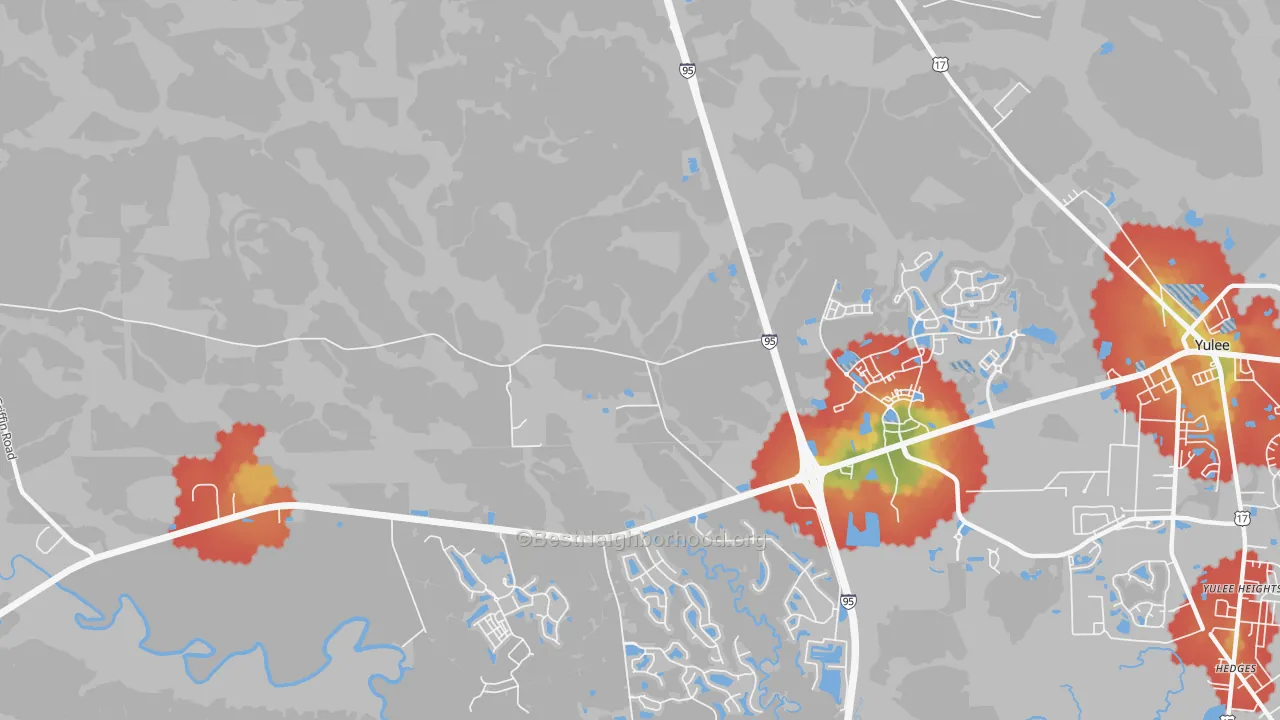 Walk Grade map of Hero, FL, walkable areas in green and car-dependent areas in red