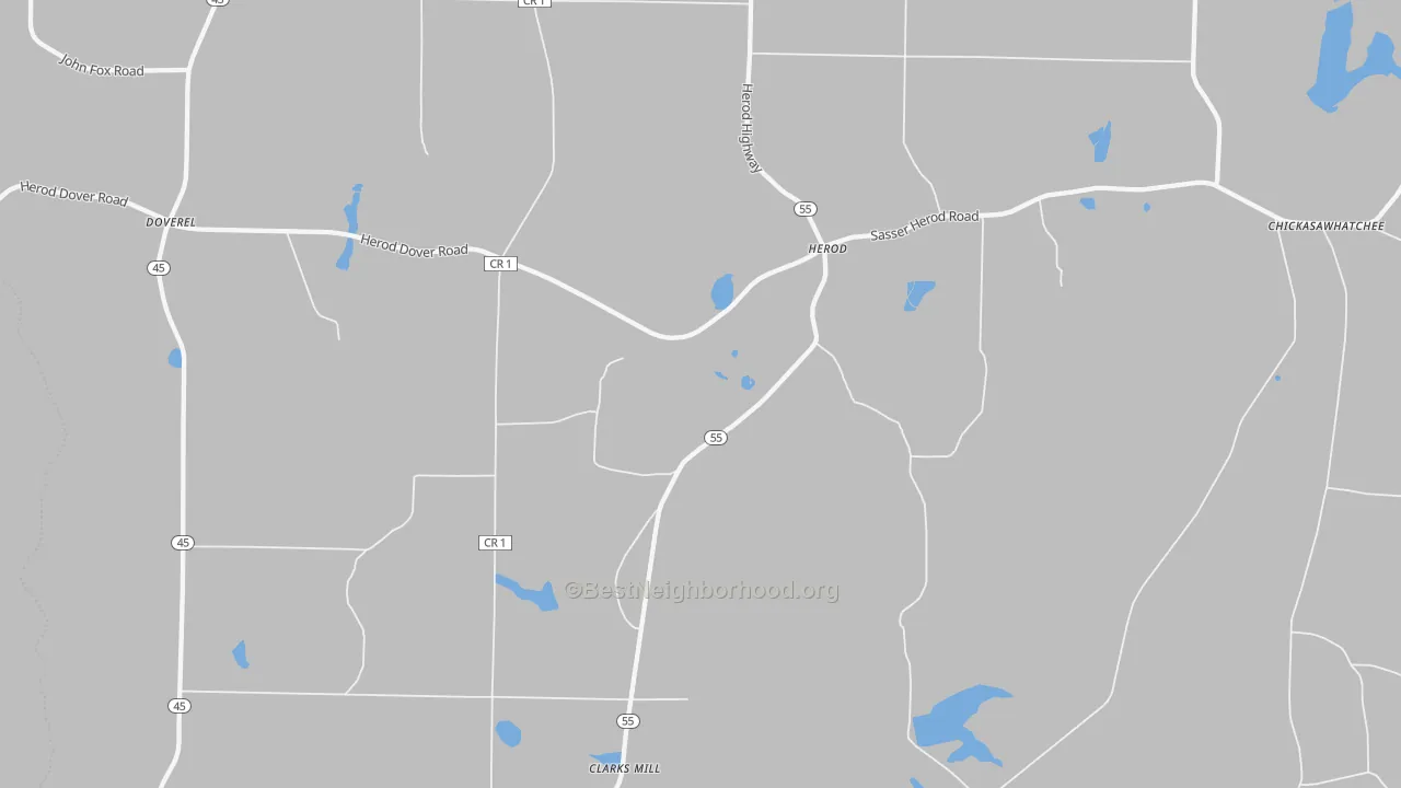 Walk Grade map of Herod, GA, walkable areas in green and car-dependent areas in red