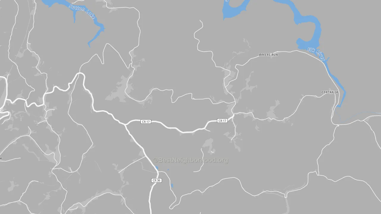 Walk Grade map of Herold, WV, walkable areas in green and car-dependent areas in red