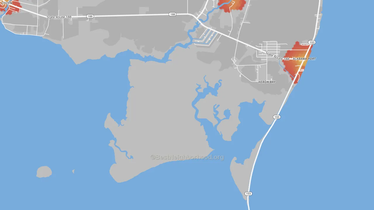 Walk Grade map of Heron Bay, AL, walkable areas in green and car-dependent areas in red