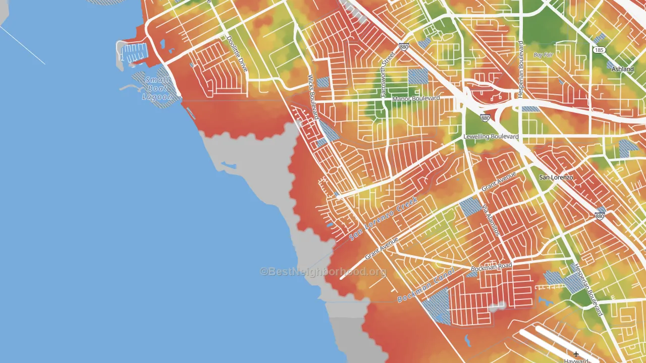 Walk Grade map of Heron Bay, San Leandro, CA, walkable areas in green and car-dependent areas in red