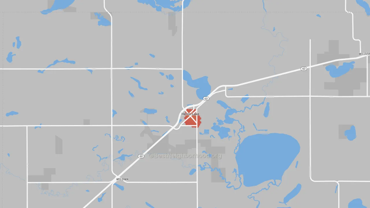 Walk Grade map of Heron Lake, MN, walkable areas in green and car-dependent areas in red