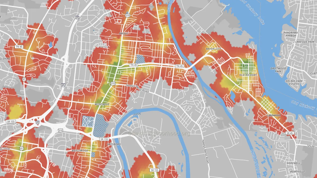 Walk Grade map of Heron Walk, Madison, TN, walkable areas in green and car-dependent areas in red