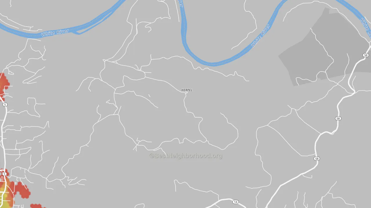 Walk Grade map of Herpel, AR, walkable areas in green and car-dependent areas in red