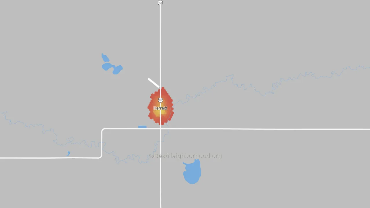 Walk Grade map of Herreid, SD, walkable areas in green and car-dependent areas in red