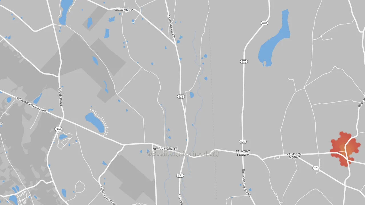 Walk Grade map of Herrick Center, PA, walkable areas in green and car-dependent areas in red