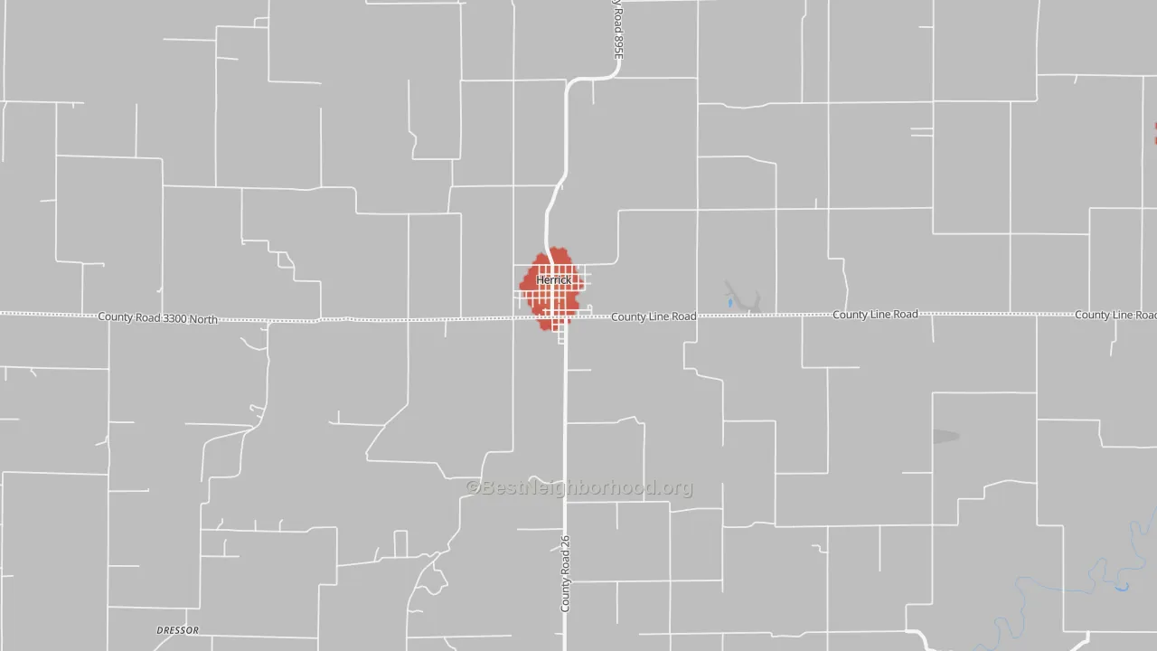 Walk Grade map of Herrick, IL, walkable areas in green and car-dependent areas in red